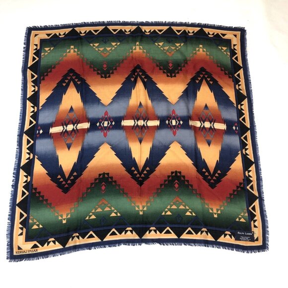 Vintage Ralph Lauren Wool Aztec Southwest Native Print Square Scarf Japan - Picture 2 of 13